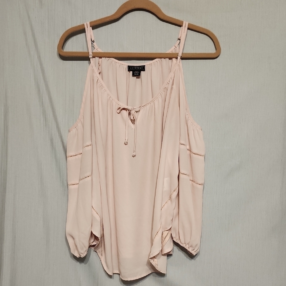 Metaphor Pink Cold Shoulder Tie Front Blouse Women's Flowy Boho Chic Shirt Top